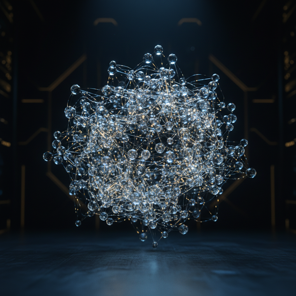 Abstract visualization of interconnected golden and blue nodes, representing OpenAI's Agora platform where multiple AI agents collaborate.