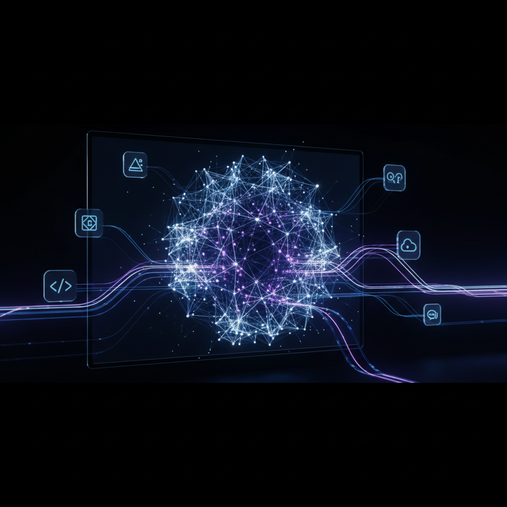 Abstract visualization of a neural network interface connecting software apps, representing OpenAI's autonomous AI agents.