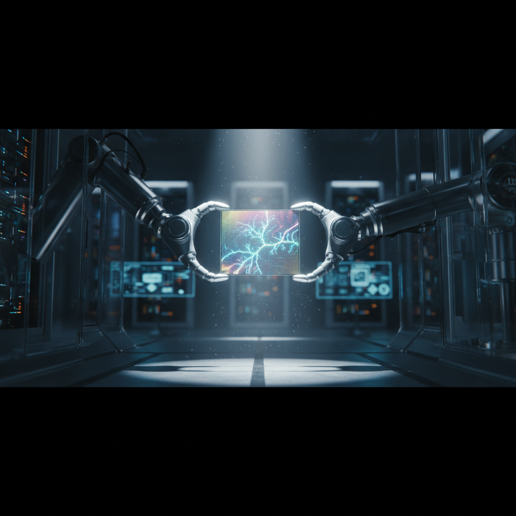 A robotic arm holding a glowing, futuristic silicon wafer etched with intricate, neural-like patterns in a dimly lit, high-tech lab.
