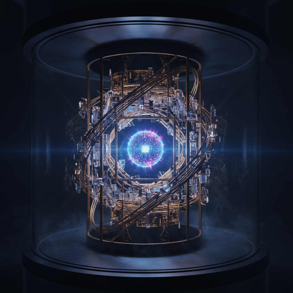 A glowing qubit, the heart of a quantum computer, suspended in a dark, high-tech chamber, symbolizing the dawn of a new computational era.