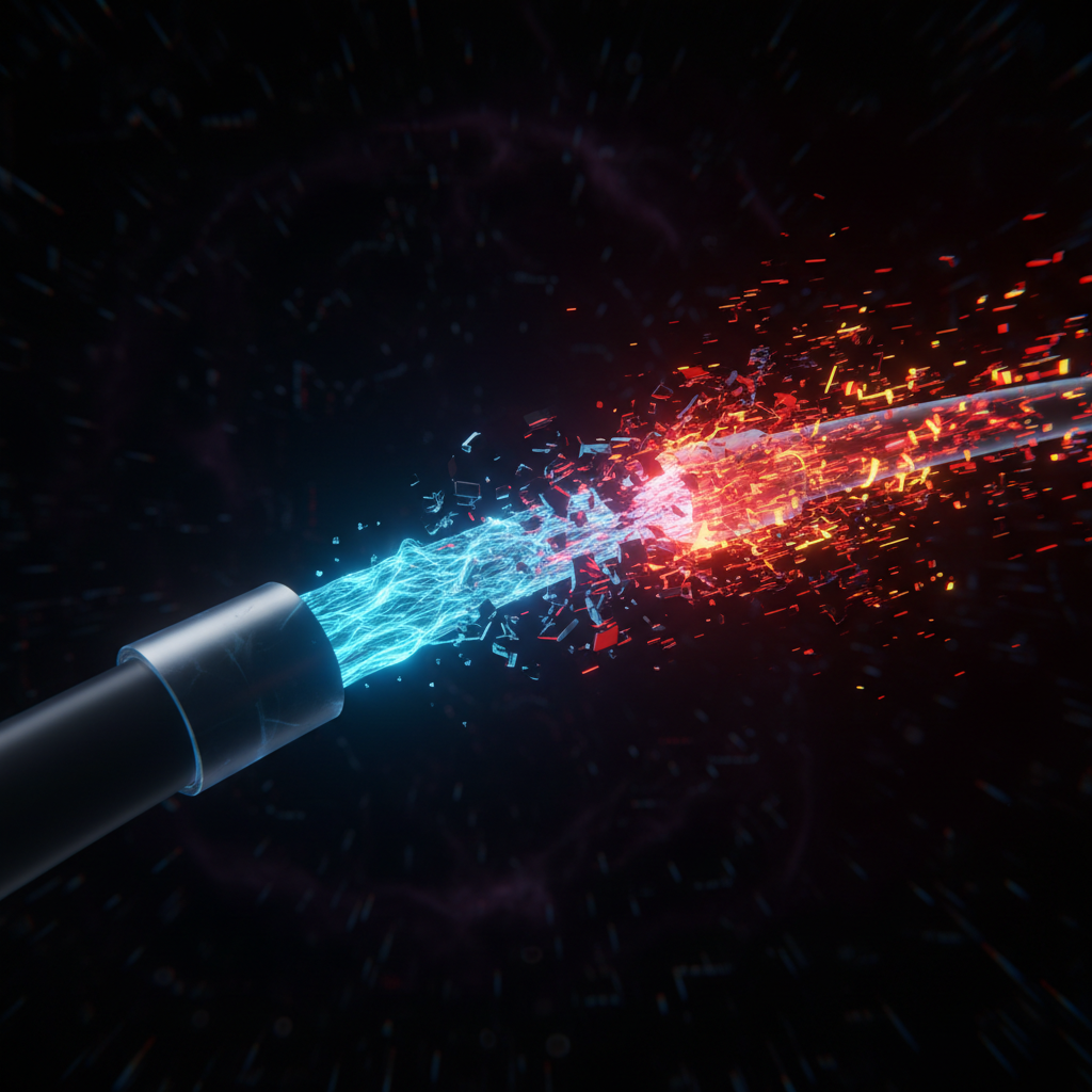 Abstract rendering of a fiber optic cable showing clean blue data streams being corrupted by jagged red and orange digital noise.