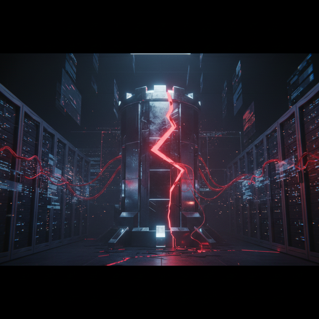 A chrome fortress, symbolizing the Rust programming language's security, has a glowing red crack running down its side, showing a breach.