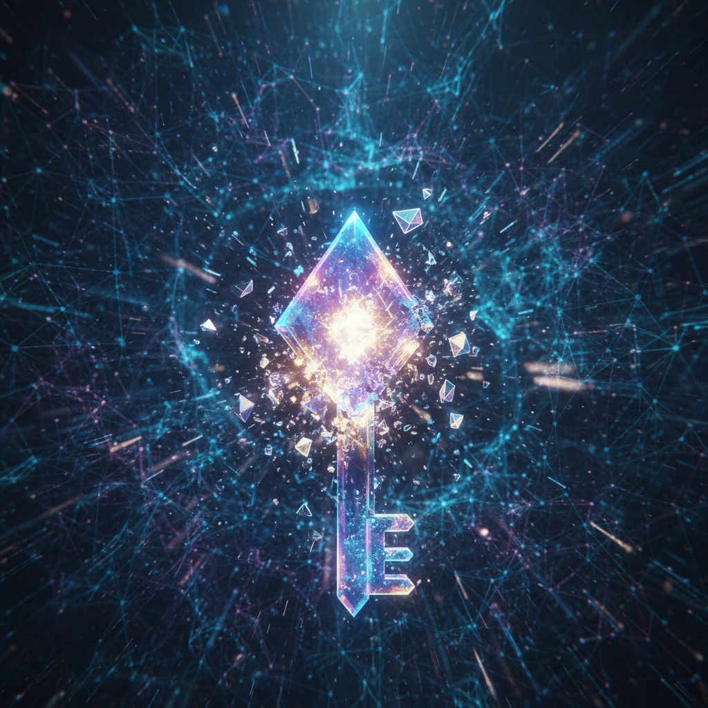 An abstract digital representation of a glowing cryptographic key shattering into pieces against a dark background of data networks.