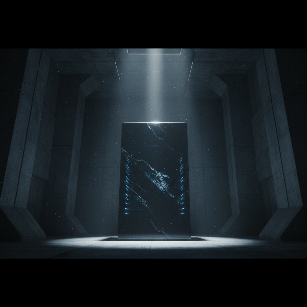 A single, monolithic server rack, representing the Nexus-5 AI model, standing alone in a vast, dark, concrete hall, symbolizing its power and the legal siege it now faces.